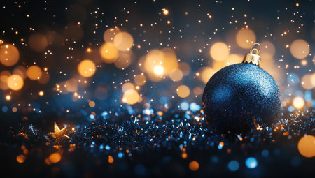 Blurred background of Christmas lights and decorations with blue tinsel, glittering stars, and a bokeh effect. Close-up of a shiny metallic blue Christmas ornament on a sparkling dark velvet surface. Background for product presentation. High-resolution photography. Photographed by a professional photographer using a Canon EOS R6 camera with a macro lens. Realistic, natural lighting, global illumination, very sharp focus, softbox lighting, f/8 aperture, and a bokeh effect in the background. --ar 53:30 --v 6.1 Job ID: 7a1b2a96-cdd4-4323-b2d2-87c2ba2fe0e5の素材