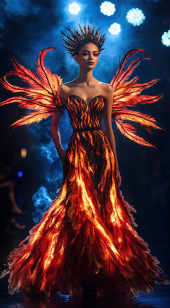A model walks the runway in an elaborate gown with feathers made of fire, showcasing vibrant reds and oranges on top of each other, with bright blue lights behind her. The dress is adorned with large flames and flame motifs, creating a stunning effect that adds to its overall glamour. It's a fashion moment where elegance meets fantasy as she wears it perfectly., full body shot --ar 71:128 --v 6.1 Job ID: 01b5306c-ee26-4264-a8a4-db6482265ce3の素材