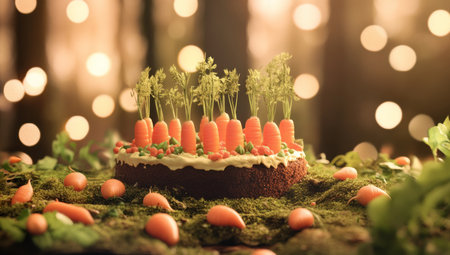 A carrot cake surrounded by carrots growing in the ground, creating an enchanting and whimsical scene. The background is blurred with bokeh lights to highlight the playful arrangement of vegetables on top of the cake. --ar 53:30 --v 6.1 Job ID: e937905b-7c41-46ef-b709-9a0c6f424639の素材