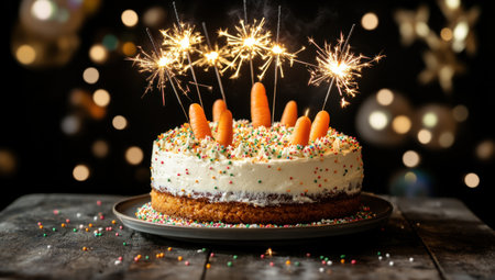 The delicious carrot cake with cream and carrots on the table, with small decorations of caramel candy sprinkles and sparklers, creating an atmosphere for a fun birthday party. High-resolution photography, stock photo, professional color grading, soft shadows, low contrast, clean sharp focus, film grain. --ar 53:30 --v 6.1 Job ID: 20eece92-17a6-4767-8e01-deae8e2399f6の素材
