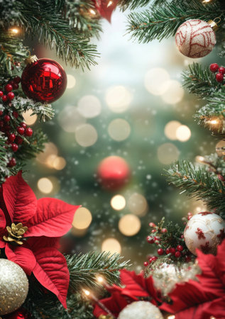 Christmas-themed background with a green, red, and white color scheme. Christmas decorations like pine branches, poinsettia flowers, glass balls, and mistletoe leaves frame the edges of the picture. The background is blurred with bokeh lights and sparkles for an elegant effect. It's perfect as a poster or greeting card design. --ar 7:10 --v 6.1 Job ID: a9a49959-c72e-4858-bf98-57f9ecae626cの素材