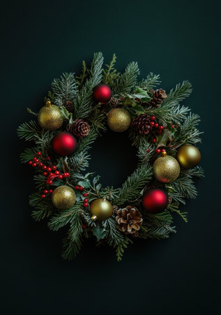 A Christmas wreath on a black background with Christmas decorations, including gold and red ornaments, pine branches, and a dark green background. The image is a close-up, flat lay, top view, with high-resolution photography, hyper-realistic photography, professional color grading, no contrast, clean sharp focus, focus stacking, and depth of field. --ar 7:10 --v 6.1 Job ID: 8faff370-d7a1-45df-a18b-3db3e8cf65b6の素材