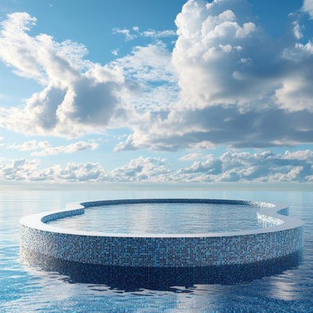 3D render of a round infinity pool with mosaic tiles in the middle, overlooking the ocean, a blue sky with clouds, realistic, high resolution, high detail. --v 6.1 Job ID: 99130f16-db7a-4597-9eaa-9f8aff7eb6fbの素材