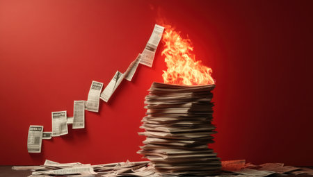 A stack of stacked paper burning in front of an L-shaped red graph going down on the wall behind it, financial news papers scattered around. --ar 53:30 --v 6.1 Job ID: 36da809c-0dbe-4770-8f15-0ad72e6285a3の素材