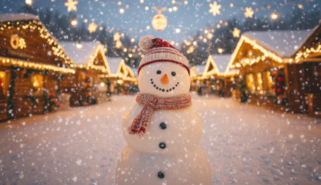A snowman wearing winter stands in the center of a snowy village, surrounded by houses decorated with lights and ornaments. The sky is filled with falling snowflakes, creating an atmosphere full of warmth and joy during the Christmas season. --ar 26:15 --v 6.1 Job ID: 8a958ca7-de14-43b9-981d-01cec085a026の素材