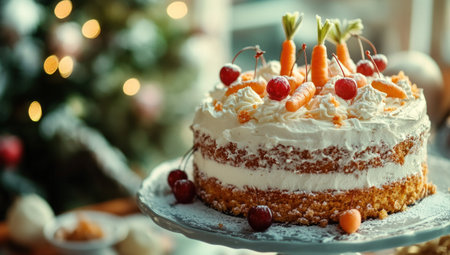 A carrot cake with cream cheese frosting, decorated with carrots and cherry decorations on top of the table. A cinematic scene with a blurred background. --ar 53:30 --v 6.1 Job ID: be1afebf-f71b-4e35-a4bd-0bbff524b381の素材