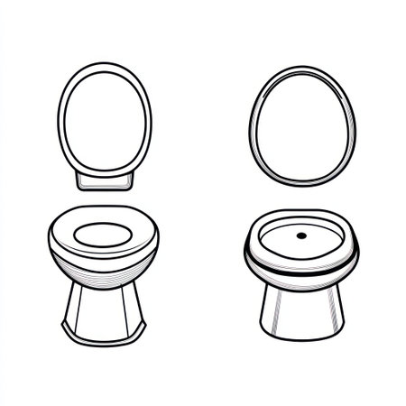 A simple vector line drawing of the four types of open toilet seats, on a white background, with no shadows, using line art, thin lines, minimalism, simple shapes, low detail, and black and thick outlines on all objects. The front view is from above. There should be one toilet seat in each set. Each type has its own unique shape and design. No shading or color inside the outline elements. In a cartoon style. Clean lines. Flat design. Minimalist. Simple details. Low resolution. High definition. Isolated object with no shadow. --v 6.1 Job ID: 30114dec-4535-41f8-94ea-bb275890c459の素材