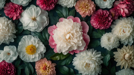 A floral background featuring peonies, chrysanthemums, and dahlia flowers in various sizes and colors. The focus is on the center flower with a mix of pink, white, and yellow petals against an isolated dark green leaf backdrop. --chaos 30 --ar 16:9 --v 6.1 Job ID: 41958a72-b0f5-4977-a459-a310d7b10042の素材