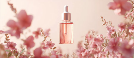 A transparent glass bottle of serum with a dropper is floating in the air, surrounded by pink flowers and leaves on a light background, in the style of a cosmetics advertisement, with a detailed background, an advertising poster, delicate skin texture, soft pastel colors, minimalism, high resolution, high detail, and high quality. --ar 23:10 --v 6.1 Job ID: 0bed2ad5-2b53-4f77-9a8c-18f1bad81bceの素材