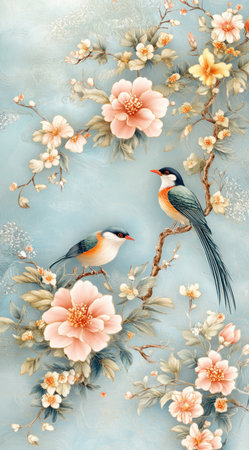 Embroidered background, birds and flowers in the style of Chinese embroidery, soft pastel color palette, gold accents, luxurious wall art, high resolution, detailed and intricate design, symmetrical composition, elegant floral patterns, soft lighting, harmonious colors, delicate textures, and a traditional craftsmanship feel. --ar 71:128 --v 6.1 Job ID: e3725716-bf7f-475a-8c09-aafafca1c122の素材