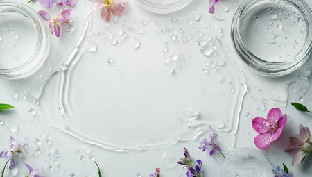 A light white background with water droplets, delicate purple and pink flowers scattered around the edges of the frame, several round transparent glass containers filled with clear liquid arranged in an aesthetically pleasing composition, conveying freshness and purity for cosmetic products. --ar 53:30 --v 6.1 Job ID: 5bb80af7-477c-45d9-9690-c9ab480887ddの素材