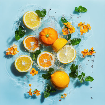 Product photography, top view of oranges and lemons with mint leaves floating in water on a light blue background, splashes around the fruits, flowers, professional studio lighting, soft shadows, high-resolution photography, insanely detailed, fine details, stock photo, in the style of product photography --v 6.1 Job ID: a05c00c9-057a-48b4-aefd-33070ff6fbafの素材