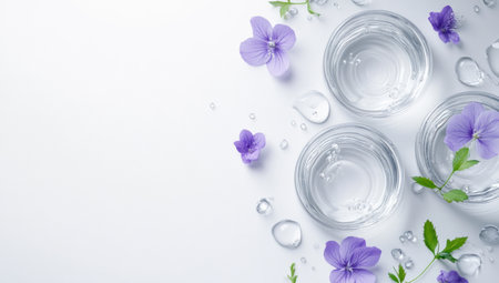 A white background with glass round containers of water and delicate purple flowers scattered around, creating an elegant and refreshing composition for a beauty product packaging design. The water droplets add detail to the scene while maintaining simplicity. --ar 53:30 --v 6.1 Job ID: 98df3846-2089-426d-b3a1-a54975385212の素材