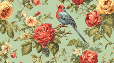 Vintage wallpaper featuring birds and flowers, vintage wallpaper with a light green background, vintage floral pattern wallpaper, antique wallpaper, bird patterns, antique wallpaper. --chaos 30 --ar 16:9 --v 6.1 Job ID: a513dbad-6afc-4bc0-a7ff-ece8b22b8f07の素材