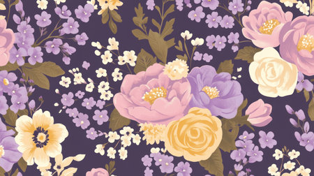 Vintage floral pattern, pastel color palette, with intricate details and delicate flowers in shades of lavender, purple, cream, beige, pink, and gold accents on the fabric. The design includes large blooms such as roses, tulips, violets, and daisies, showcasing a romantic vintage aesthetic in the style of Johan Walsch. --chaos 30 --ar 16:9 --v 6.1 Job ID: 1c09f807-cc88-43b5-b7df-2791e9e0f47bの素材
