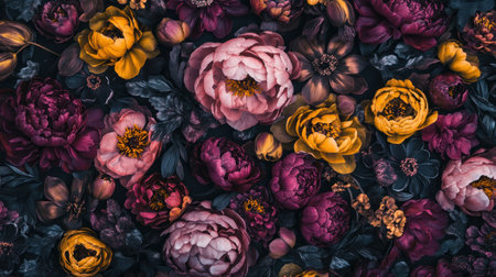 A vibrant floral pattern featuring chrysanthemums, peonies, and tulips in various shades of pink, yellow, and orange. Flat lay photography, retro color tones, muted colors, vintage aesthetic, dark background, top view. --chaos 30 --ar 16:9 --v 6.1 Job ID: c00d4063-6bb4-4849-ba7f-517513c84cd2の素材