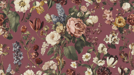 Vintage floral pattern, pastel color palette, with intricate details and delicate flowers in shades of lavender, purple, cream, beige, pink, and gold accents on the fabric. The design includes large blooms such as roses, tulips, violets, and daisies, showcasing a romantic vintage aesthetic in the style of Johan Walsch. --chaos 30 --ar 16:9 --v 6.1 Job ID: 1c09f807-cc88-43b5-b7df-2791e9e0f47bの素材