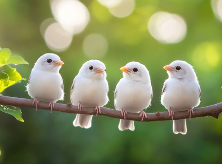 Three cute white birds sitting on a branch, professional photography. --ar 41:30 --v 6.1 Job ID: e1e58529-610b-4cb7-bc44-2801cf367423の素材