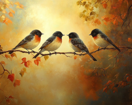 Three birds perched on a branch, an oil painting in the style of autumn colors and morning light, with a detailed background. --ar 64:51 --v 6.1 Job ID: 47bc3362-959b-47b2-be77-8cd7cde25825の素材
