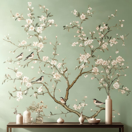 A vintage Chinoiserie tree with birds and flowers painted on the wall, a pastel green background, delicate floral patterns in light pink and beige colors, soft lighting creating gentle shadows, a serene atmosphere, in the style of traditional Chinese art. --v 6.1 Job ID: 6b440fa9-9d7c-472a-b937-b393659095cbの素材