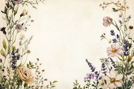 A soft, watercolor-style floral border on the left and right sides of an empty space in between them. The flowers include delicate roses, daisies, lavender, cosmos, and sage green grasses, with neutral tones and a warm beige background color. In the style of an oil painting. --ar 128:85 --v 6.1 Job ID: 22a8557a-f206-49de-8b3b-84380145d9e5の素材