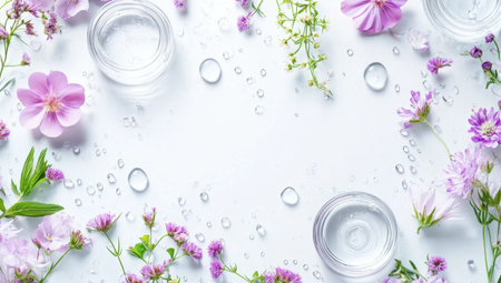 A light white background with water droplets, delicate purple and pink flowers scattered around the edges of the frame, several round transparent glass containers filled with clear liquid arranged in an aesthetically pleasing composition, conveying freshness and purity for cosmetic products. --ar 53:30 --v 6.1 Job ID: 5bb80af7-477c-45d9-9690-c9ab480887ddの素材