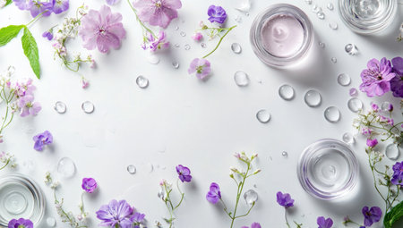 A light white background with water droplets, delicate purple and pink flowers scattered around the edges of the frame, several round transparent glass containers filled with clear liquid arranged in an aesthetically pleasing composition, conveying freshness and purity for cosmetic products. --ar 53:30 --v 6.1 Job ID: 5bb80af7-477c-45d9-9690-c9ab480887ddの素材