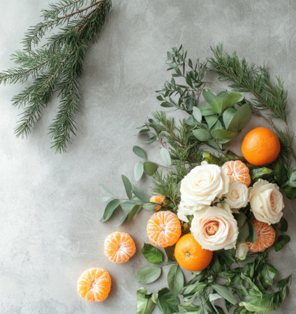 White marble table with a minimalist bouquet of roses, pine leaves, and cypress bunches, surrounded by mandarins and oranges against a textured gray background. The composition is centered on the left side of an empty space for text or product display. Soft lighting highlights the natural textures and colors. --ar 15:16 --v 6.1 Job ID: a1482b0f-f135-46c2-bb64-f89398b971bbの素材