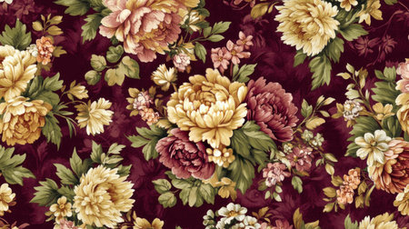 A pattern of various flowers, including chrysanthemums and peonies, in shades of pink, yellow, orange, cream, white, and green, arranged on a dark background. --chaos 30 --ar 16:9 --v 6.1 Job ID: df90d51f-38d7-4ce7-a8e1-732c2cb82b8eの素材