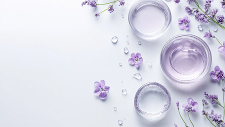 Delicate water drops form an elegant border around the composition, while small purple flowers add color to create a beautiful background for product advertising. The white backdrop enhances clarity in the visual presentation of cosmetic products placed on transparent glass surfaces, providing space at the top or bottom for text or a brand logo, in a flat lay arrangement. --ar 53:30 --v 6.1 Job ID: 199f9254-dc6c-4fb1-bd33-99ab3d47100cの素材