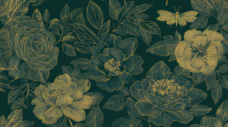 Luxurious gold floral botanical illustration background vector presentation design with flat and line art, in a teal color with black ink, in a hand-drawn style, with golden line drawings on dark green leaves, a jungle foliage pattern, and jungle flowers and dragonfly elements. Abstract modern art for wallpaper, mural wall paper, or web banner template. Vector. --chaos 30 --ar 16:9 --v 6.1 Job ID: 6618cfb0-0547-4bd4-a791-c416ad4e7fc1の素材