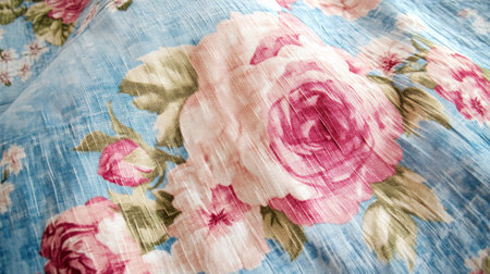 A shabby chic, pink and blue floral print fabric with roses on it. --chaos 30 --ar 16:9 --v 6.1 Job ID: f359f456-0f5c-4290-9532-bf468c6a050cの素材