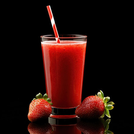 A glass of strawberry juice with fresh strawberries next to it, against a black background, high-resolution photography, realistic style, advertising-style photography. The photo is taken from the front and shows only half of one side of the glass. A straw protrudes from the top of the drink, and two ripe, red strawberries lie nearby. --v 6.1 Job ID: dc948995-0192-41f4-917d-29cfcdce6f1aの素材