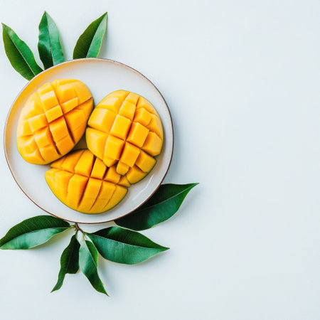 A plate of fresh mangoes, sliced and cut into small pieces with leaves on the side, placed against a white background. The colors in the picture should be bright yellow for the fruits and greenish-blue or brown as accents. There are no other objects around to emphasize the focus on the tropical fruit and natural color tones. This scene could evoke an exotic feel and appeal to those who love high-quality photography. It would work well in stock images or food magazine covers, showcasing freshness and quality. --v 6.1 Job ID: d75021ee-533a-4026-92c1-2b7e5e74bbb1の素材