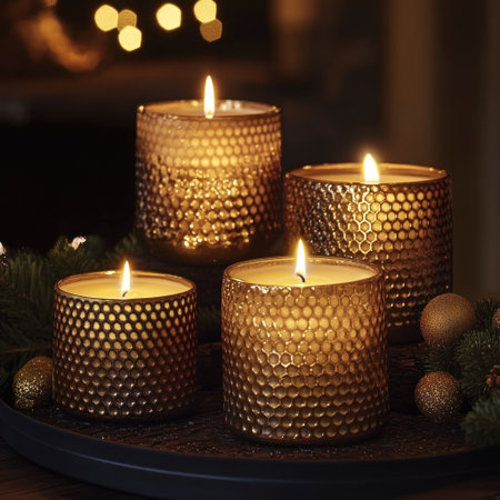 Candles, decorated with a honeycomb texture and golden hues, create an atmosphere of warmth and comfort in the room. The flickering flames add to their allure as they dance against dark backgrounds, creating a cozy ambiance that evokes nostalgia for old-fashioned Christmas rituals. The focus is on the face. --v 6.1 Job ID: c8853504-3125-4e1c-8584-1367aaad2befの素材