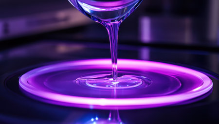 Close-up of a glowing purple liquid being poured into a circular device in a laboratory, high-resolution photography, incredibly detailed. --ar 53:30 --v 6.1 Job ID: 91e139fc-577d-44be-9083-711ab169624aの素材