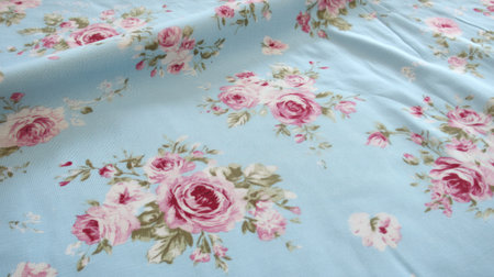 A vintage shabby chic fabric pattern with pink roses on a light blue background, showcasing the charm of retro floral designs for fabrics and textile materials. --chaos 30 --ar 16:9 --v 6.1 Job ID: 7e770fce-9dd0-44f2-8163-fc0ffac2f144の素材