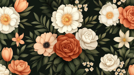 A floral pattern featuring various types and colors of flowers, including peonies, chrysanthemums, roses, and tulips, set against a background of dark green leaves. --chaos 30 --ar 16:9 --v 6.1 Job ID: d8cf5abb-1fac-4d3f-96ba-15fecd404878の素材