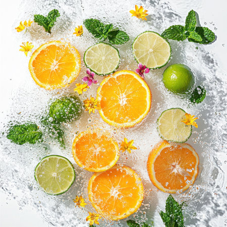 Product photography featuring bright colors of oranges and lemons with mint leaves falling into water splashes, surrounded by limes and flowers, captured from a top-down perspective, high-resolution photography using a Hasselblad X2D 100C camera, against a white background, with high levels of detail, vibrant colors, sharp focus, studio lighting, a wide dynamic range, a wide-angle lens, and a shallow depth of field. --v 6.1 Job ID: 8a585ad9-8cfc-4e47-ac25-ca03e8dd4e35の素材