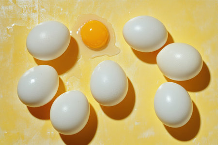 6 white eggs and one yolk on a yellow background, top view, flat lay. Bright color backgrounds, ultra-realistic photography in the style of [Artist name]. --ar 3:2 --v 6.1 Job ID: afe26dd9-9e39-406f-bec7-8a1a68c4aab9の素材