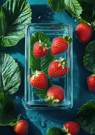 The glass rectangular container is filled with water and strawberries, surrounded by green leaves, with vibrant red strawberries floating in the sparkling blue liquid. The scene exudes freshness and vitality, with bright colors creating an atmosphere of natural beauty. This photo presents exquisite details, showcasing high-definition photography. It has a strong sense of realism, making people feel as if they can touch it through their eyes. --ar 7:10 --v 6.1 Job ID: b9794536-3eaa-4457-b77c-4ea554dd7242の素材