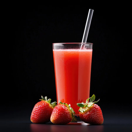 A glass of strawberry juice with fresh strawberries next to it, against a black background, high-resolution photography, realistic style, advertising-style photography. The photo is taken from the front and shows only half of one side of the glass. A straw protrudes from the top of the drink, and two ripe, red strawberries lie nearby. --v 6.1 Job ID: dc948995-0192-41f4-917d-29cfcdce6f1aの素材