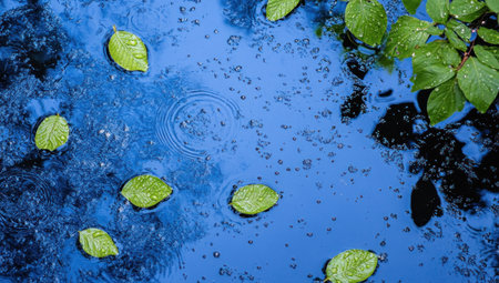 A serene blue background with water droplets and green leaves, creating an atmosphere of tranquility and nature's beauty. --ar 53:30 --v 6.1 Job ID: c9b7e334-2d87-42e5-bcb8-abf187c0536bの素材