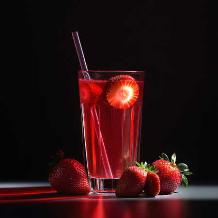 An ultra-realistic photograph of strawberry juice in a glass with a straw, with fresh strawberries on the side. The background should be dark and black. The lighting should be bright and natural. Use a Canon EF50mm f/2L USM lens for close-up shots. This photo will feature on Instagram as part of a social media marketing campaign, so it must convey a sense of happiness and freshness. Make sure there are no reflections or shadows on the surface of the drink. --v 6.1 Job ID: e8e711b3-a69a-4c58-a39a-971f0b5a69c4の素材