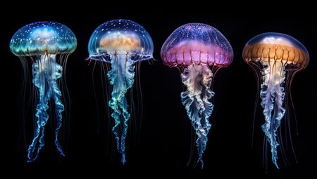 Four jellyfish in the deep sea, glowing, beautiful, and cinematic. --ar 53:30 --v 6.1 Job ID: eeea7ca2-1f52-419b-99b9-022cea6a1630の素材
