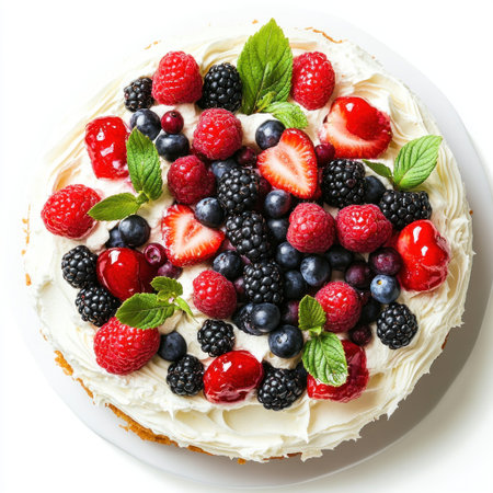 A large, round cake with white frosting and berries on top, top view, white background, high-resolution photography. --v 6.1 Job ID: e445bfe1-5739-42e3-9c91-eb2725417c7fの素材