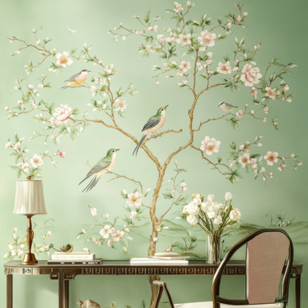 A vintage Chinoiserie tree with birds and flowers painted on the wall, a pastel green background, delicate floral patterns in light pink and beige colors, soft lighting creating gentle shadows, a serene atmosphere, in the style of traditional Chinese art. --v 6.1 Job ID: 6b440fa9-9d7c-472a-b937-b393659095cbの素材