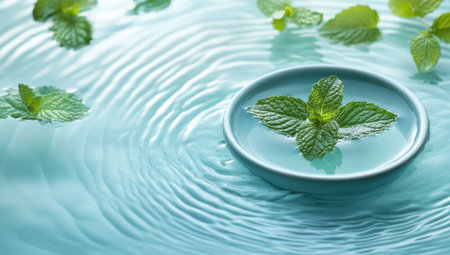Light blue water ripples with mint leaves and a bowl in the middle. The background features nature photography, with a beautiful, high-resolution, hyper-realistic wallpaper design. --ar 53:30 --v 6.1 Job ID: c73bea00-df05-4ee3-9779-cddf4d93da99の素材