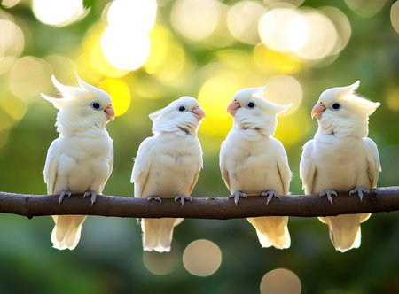 Three cute white birds sitting on a branch, professional photography. --ar 41:30 --v 6.1 Job ID: e1e58529-610b-4cb7-bc44-2801cf367423の素材
