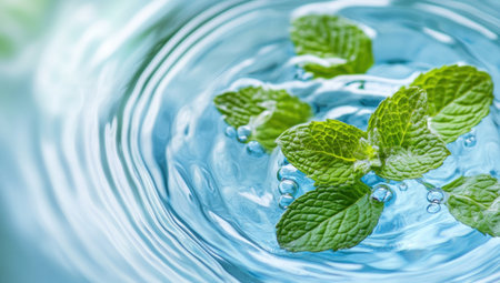 Light blue water ripples with mint leaves in a bowl, an abstract water background. --ar 53:30 --v 6.1 Job ID: 0729e1fc-79e8-407c-ba92-f5ef82ed125dの素材
